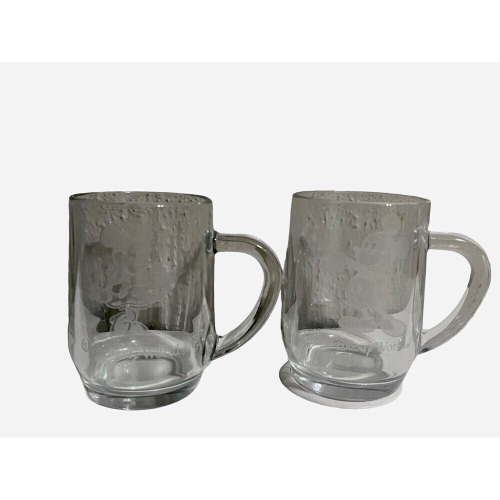 Walt Disney World Minnie & Mickey Mouse Coffee Cup Mug Etched Glass Dennis Lilly
